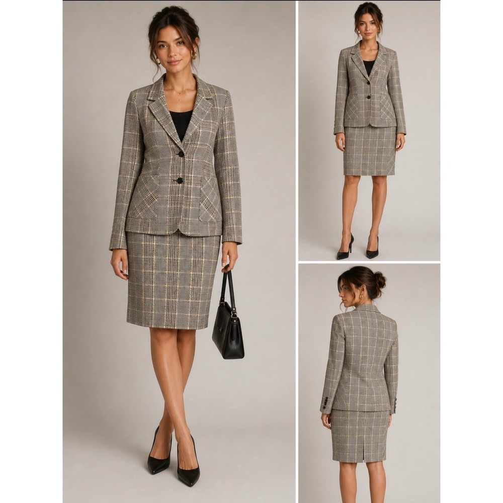 Cabi Brown Houndstooth Skirt Suit Set Size 2 Old Money Business Academia Career